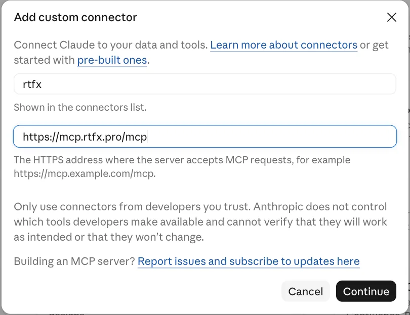 The Add custom connector dialog with the name rtfx and the URL https://mcp.rtfx.pro/mcp filled in