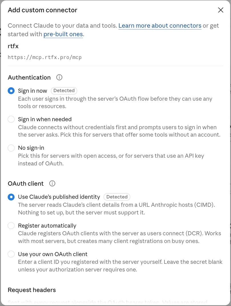 The authentication step showing Sign in now and Use Claude's published identity selected, with an Add button at the bottom
