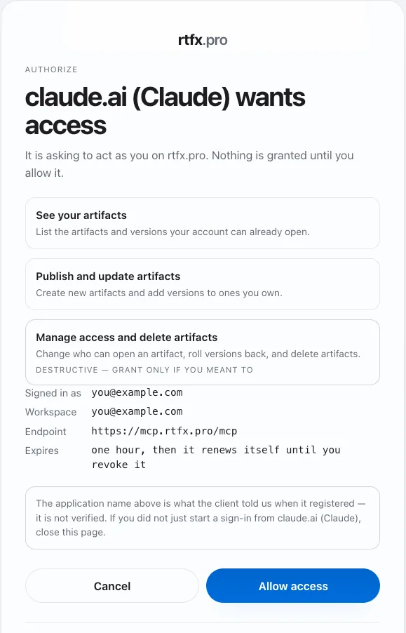 The rtfx consent screen listing what Claude is asking for, with an Allow access button