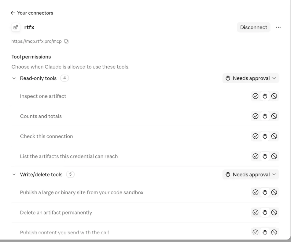 The connected rtfx connector listing its tools, each set to Needs approval