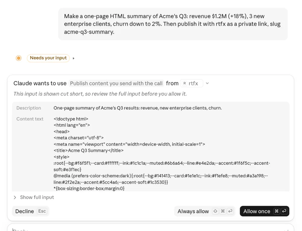 A Claude chat asking to publish with rtfx, showing the publish call with an Allow once button