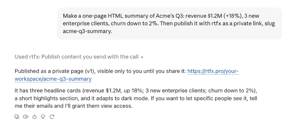 Claude's reply containing the private rtfx.pro link to the published page